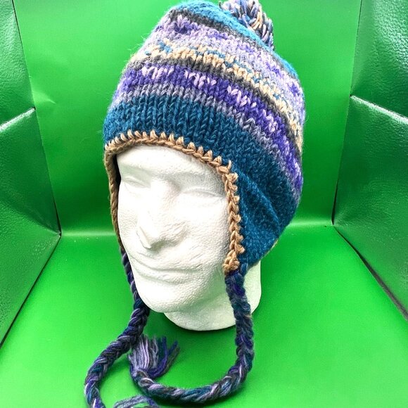 Gypsy Rose Handmade Knit Beanie Hat Chullo Fleece Lined Pom Braids Peruvian Boho - Picture 7 of 11
